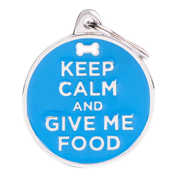 My Family Charms Give Me Food Blue Metal Dog ID Tag