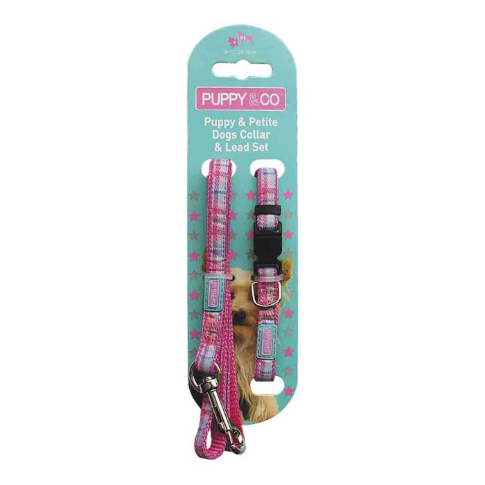 Hem & Boo Pink Check Collar and Lead Set for Small Dogs